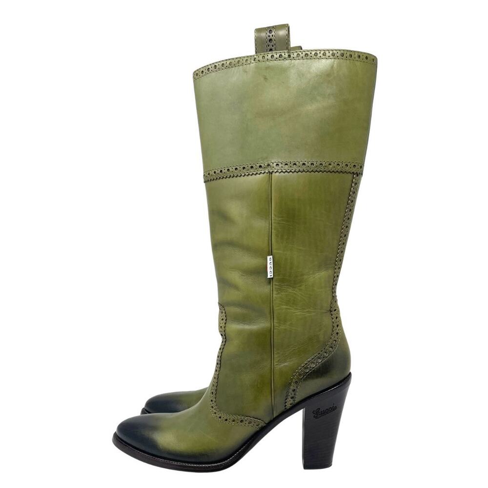 Gucci Ombre Green Leather Western Knee High Boots Vintage 9B US 9 Ophidia Web - Picture 2 of 9